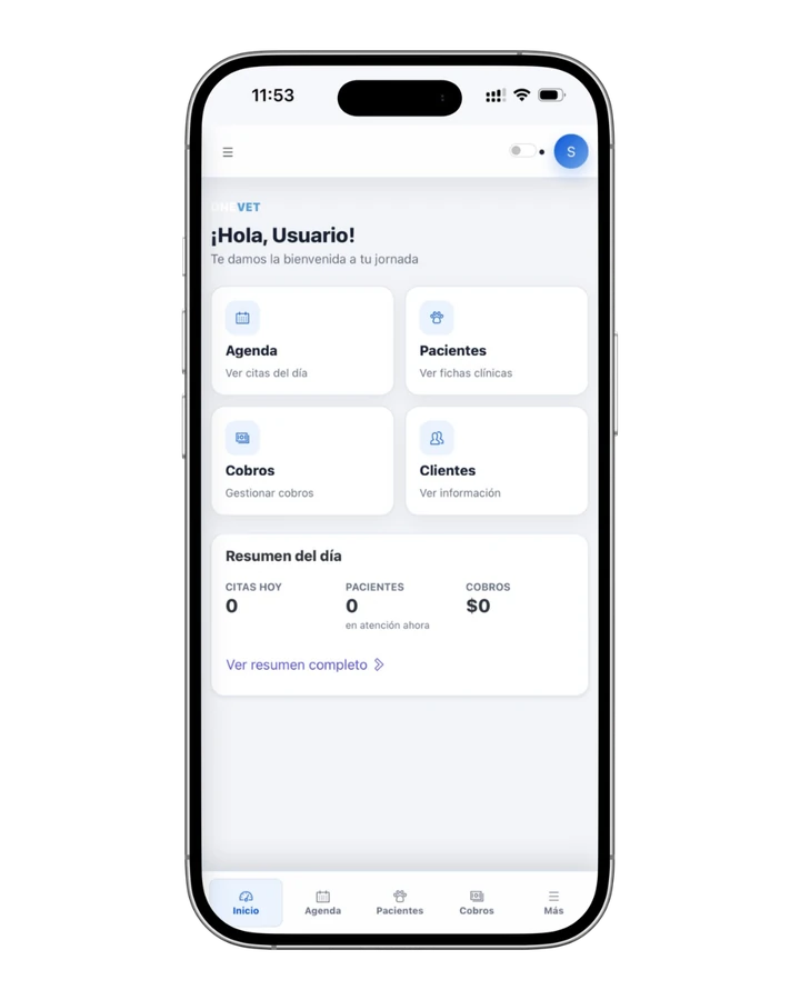 Pantalla de inicio de OneVet con accesos a Agenda, Pacientes, Cobros y Clientes